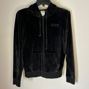 PINK‎ Victoria's Secret Black Velour Logo Full Zip Hoodie Sweatshirt Womens XS
